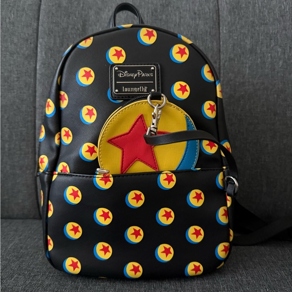 Loungefly Black Mini Backpack with Yellow Pixar Ball and Red Star